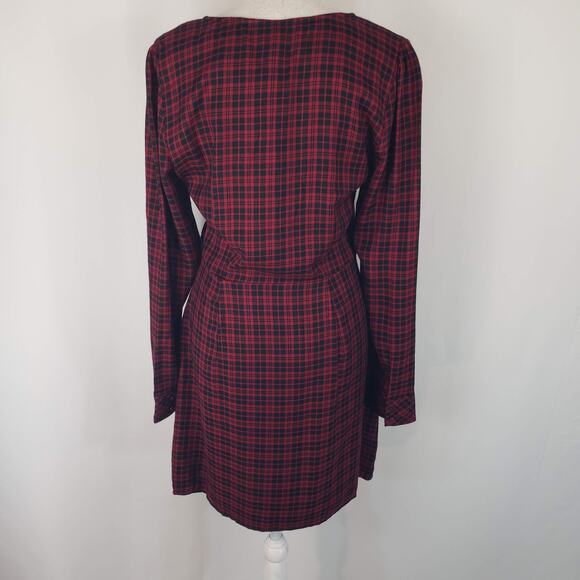 NWT Sanctuary Upbeat Faux Wrap Red Plaid Surplice V-Neck A-Line Mini Dress 8 - Picture 6 of 14